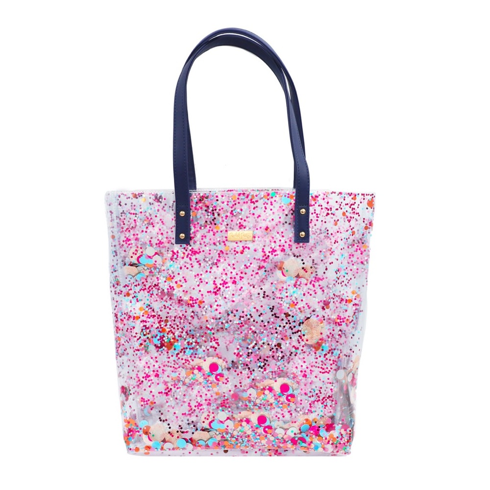 Clear, fun Fetty packed party tote bag